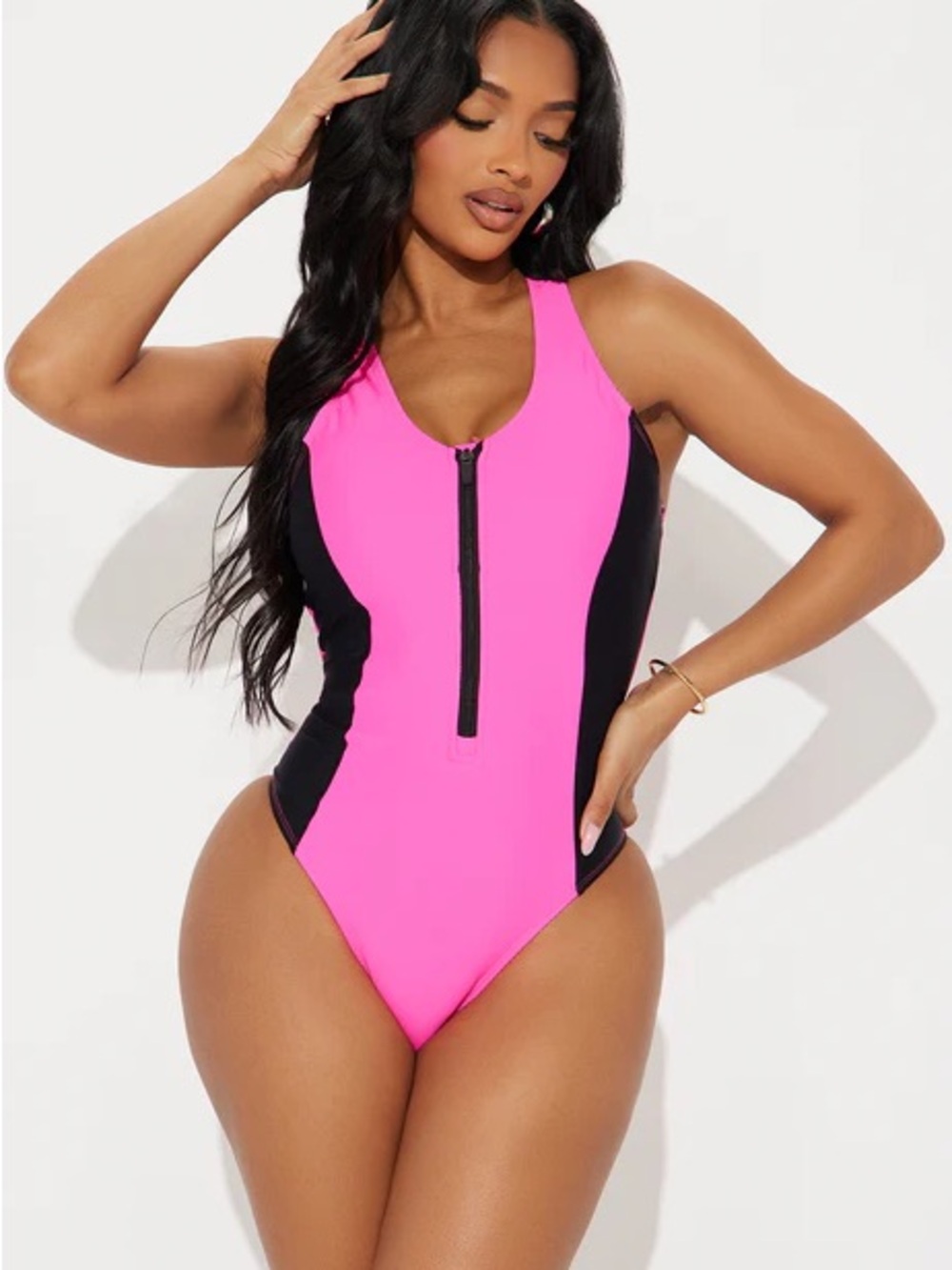 Fashion Nova Neon Pink & Black Zip-Up One-Piece Swimsuit